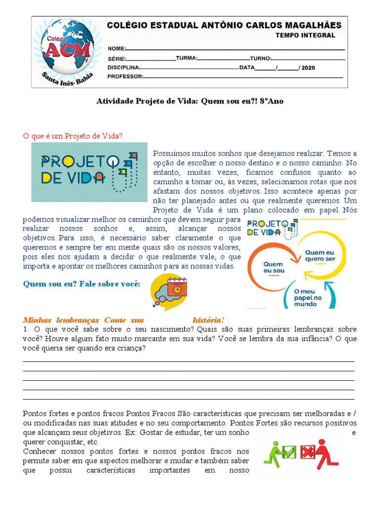 Atividade de Projeto de Vida 8º Ano | PDF | Sonho | Vida