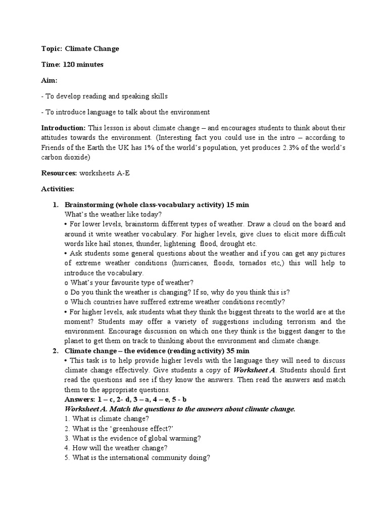 Worksheet A. Match The Questions To The Answers About Climate Change ...