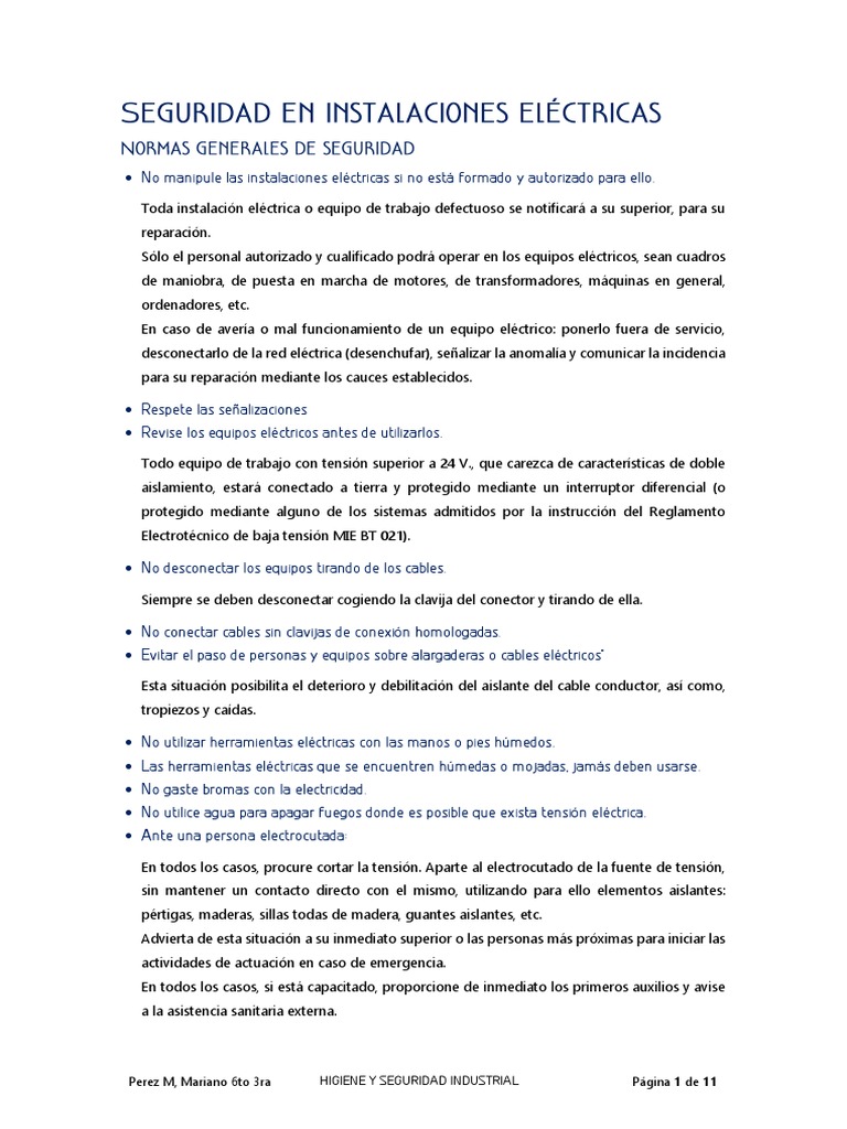 Normas de seguridad eléctrica para trabajadores | PDF | Corriente ...