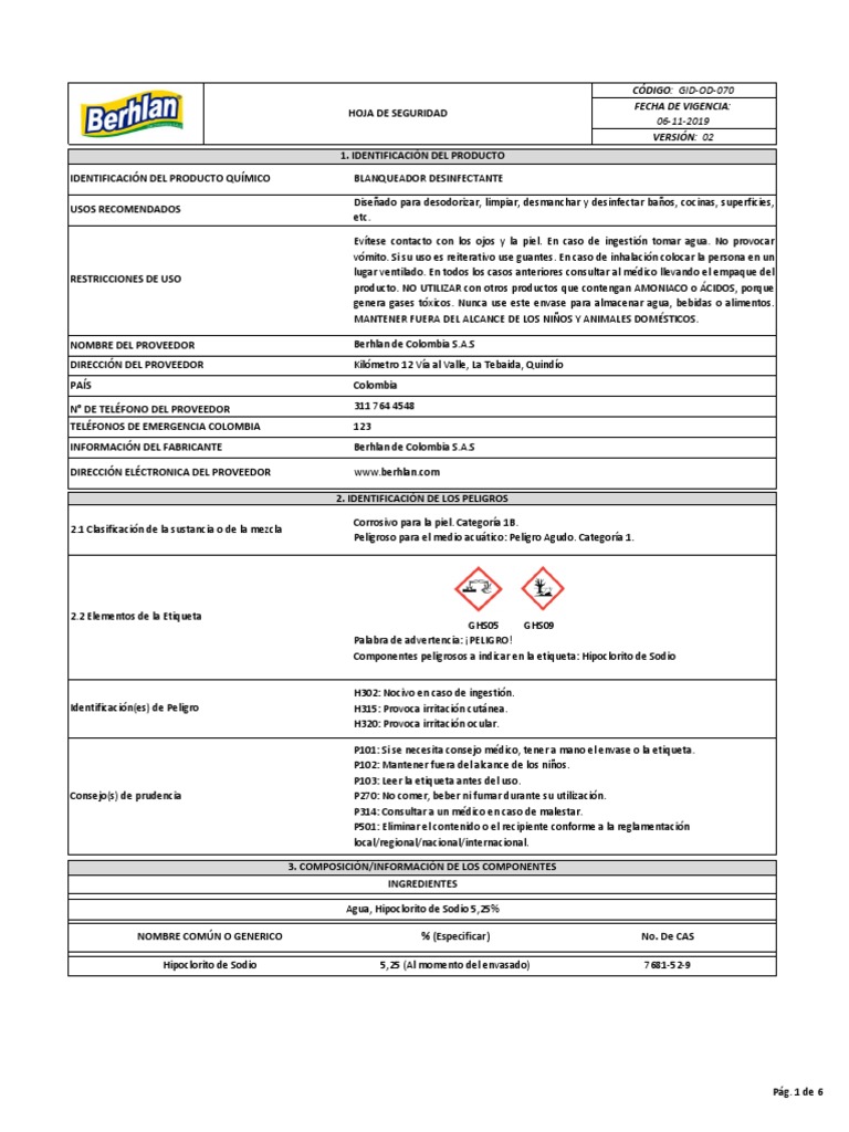 Hoja de Seguridad: Blanqueador Desinfectante | PDF | Toxicidad | Agua