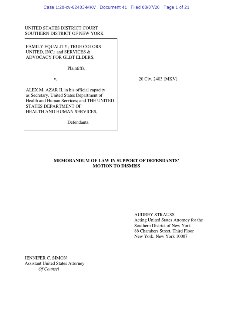 Memorandum of Law in Support of Defendants' Motion to