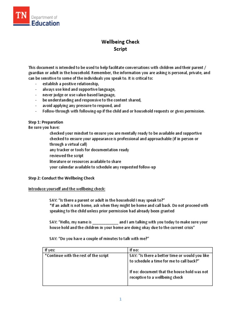 Wellbeing Check Script for Families | PDF | Communication