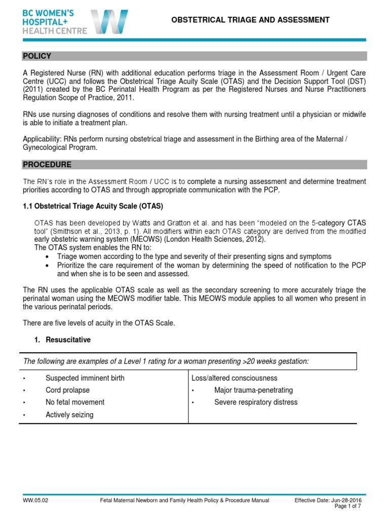 WW.05.02 Obstetrical Triage and Assessment | PDF | Pregnancy | Obstetrics