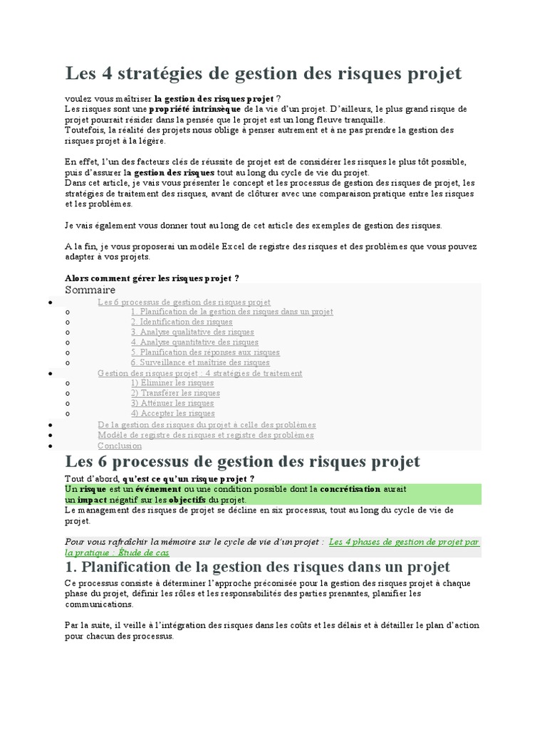 Stratégies de gestion des risques projet | PDF | Risque | Gestion des ...