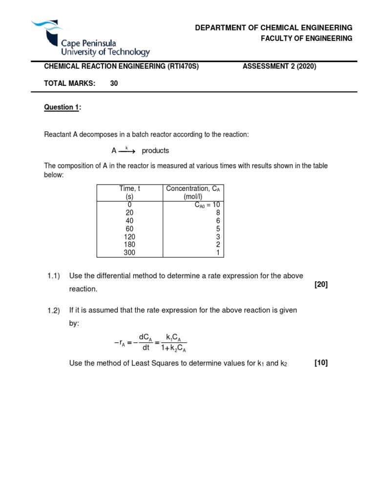 Chemical Reaction Engineering Assessment 2 | PDF