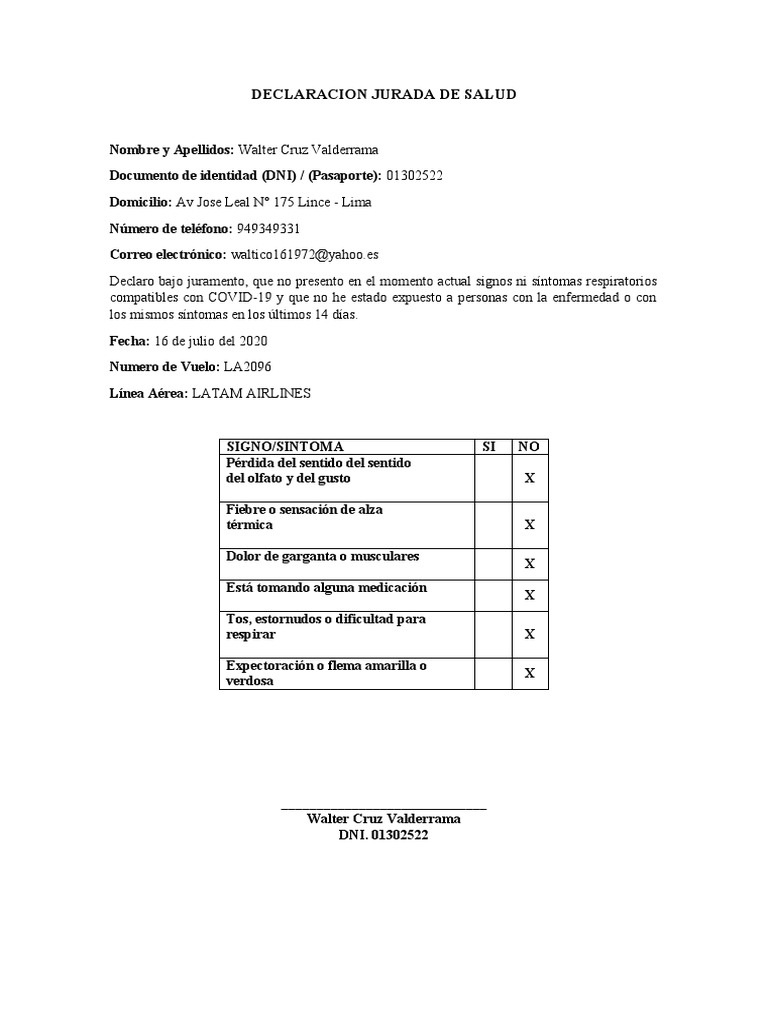 Declaracion Jurada de Salud | PDF