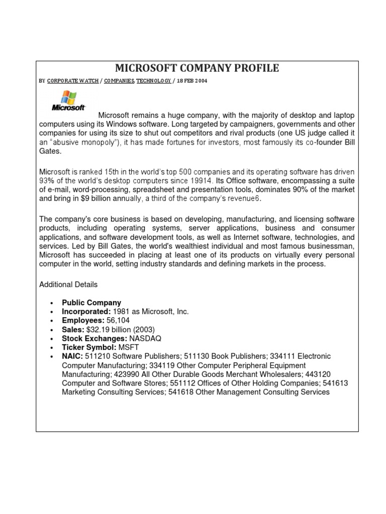 MICROSOFT COMPANY PROFILE intelligence overview