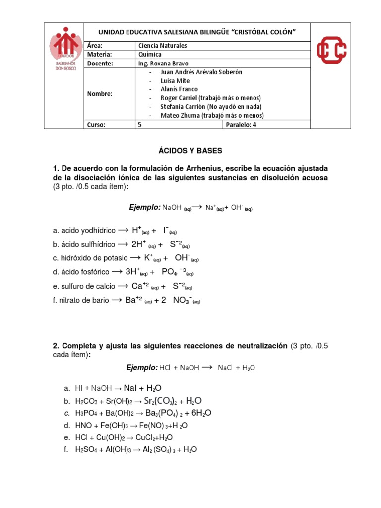 Taller Grupal 2 Acidos Y Bases Pdf Acido Acido Clorhidrico