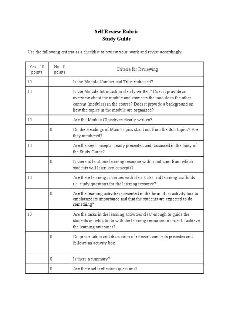 Self Review Rubric for Study Guides | PDF | Career & Growth | Self ...