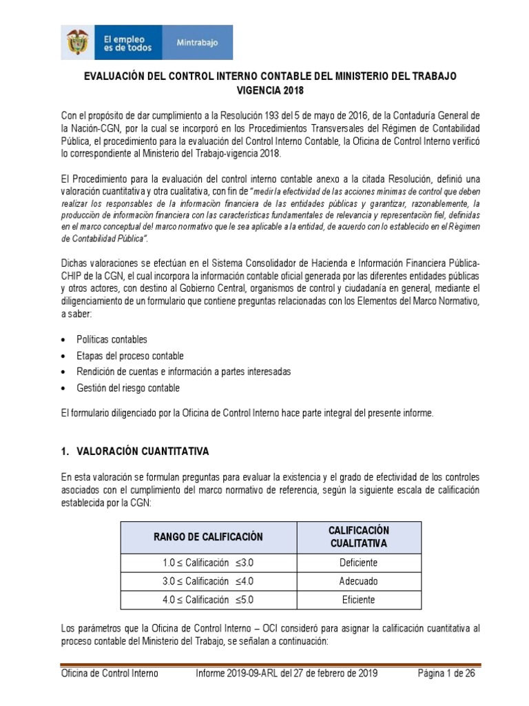 Evaluacion Control Interno Contable 2018 | PDF | Teneduría de libros ...