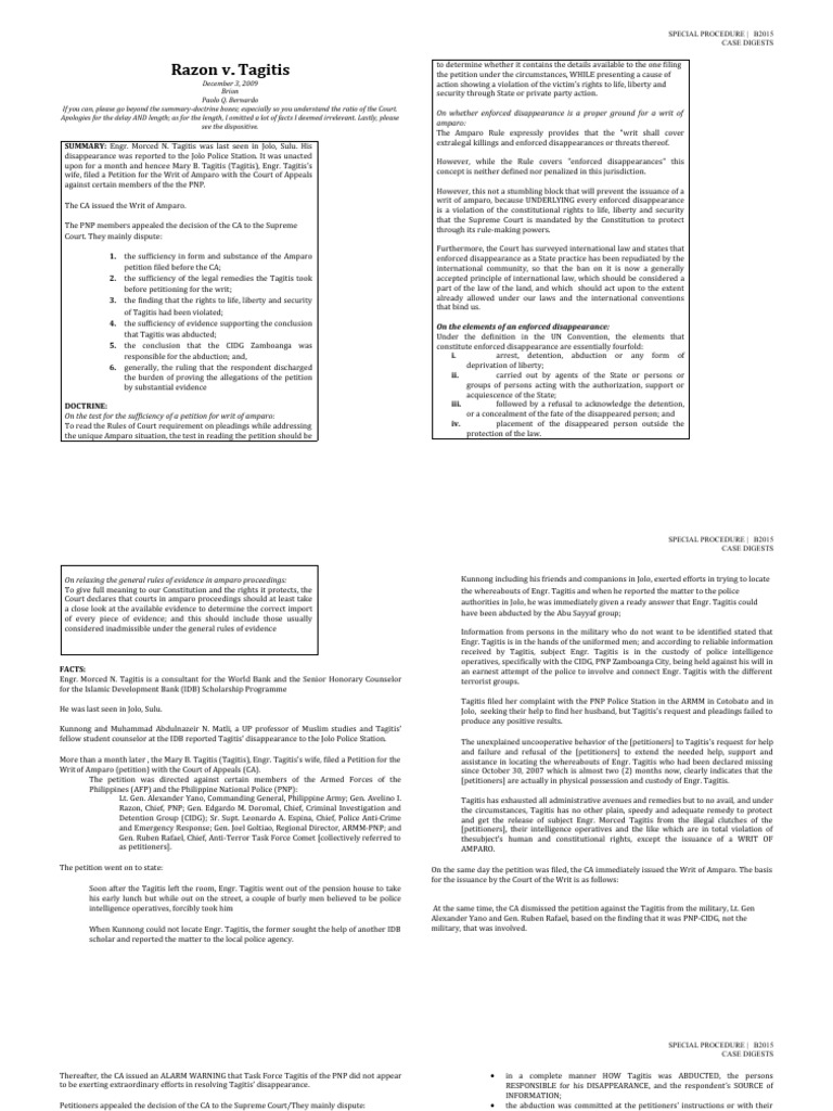 Writ of Amparo Case: Tagitis Disappearance | PDF | Burden Of Proof (Law ...