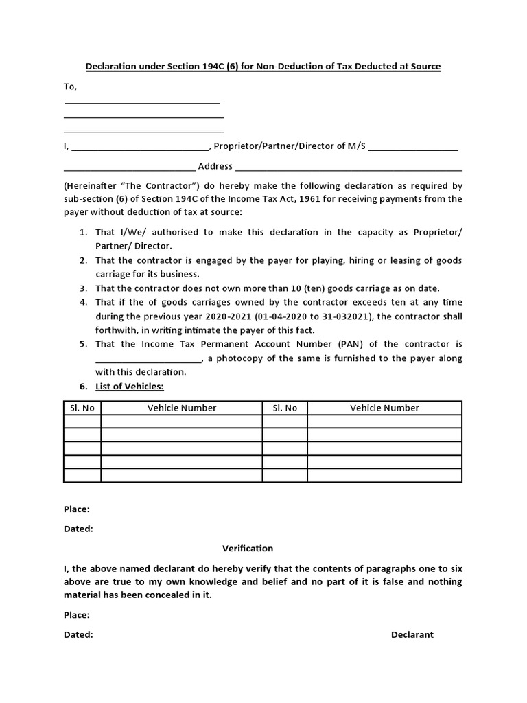 TDS Declaration Under Section 194C(6) | PDF