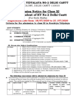 Admission Notice For Class XI Only For Student of KV No-2 Delhi Cantt