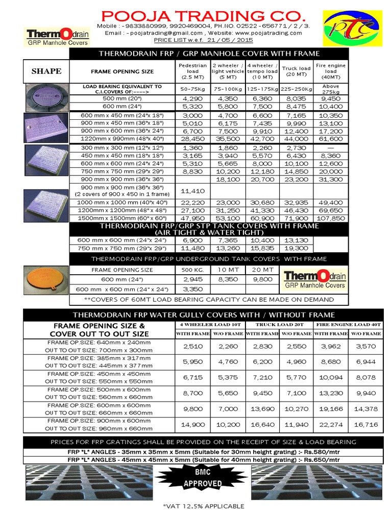 Thermodrain FRP Manhole Cover Price List | PDF | Vehicles | Transport