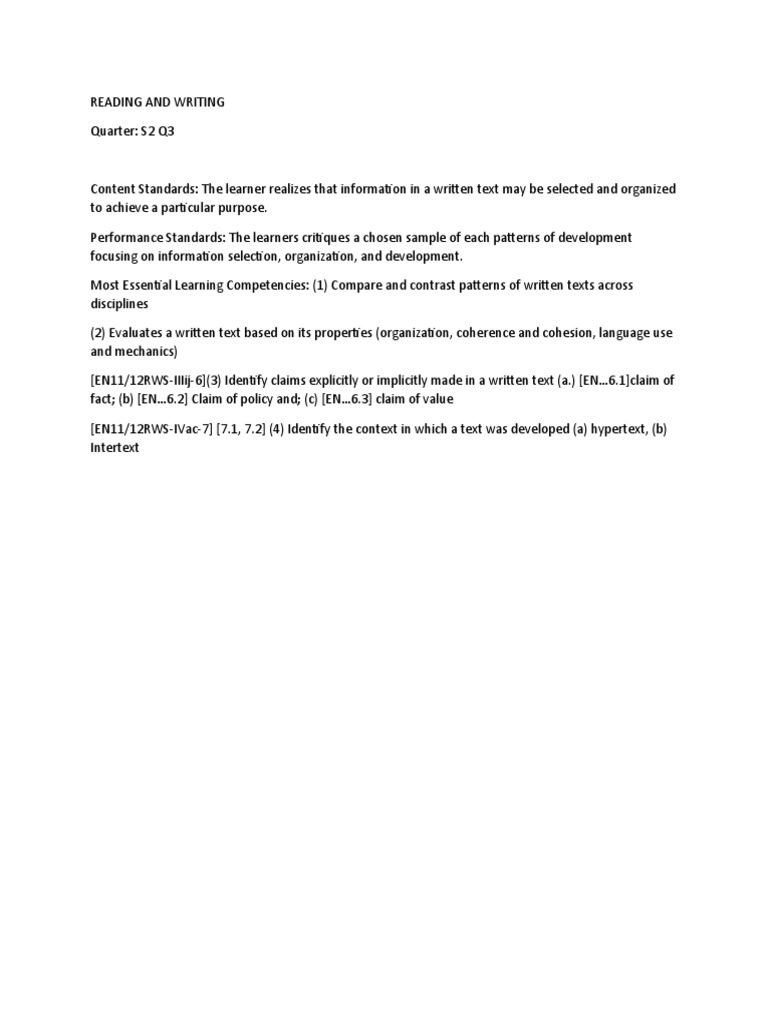 Reading and Writing Melcs PDF