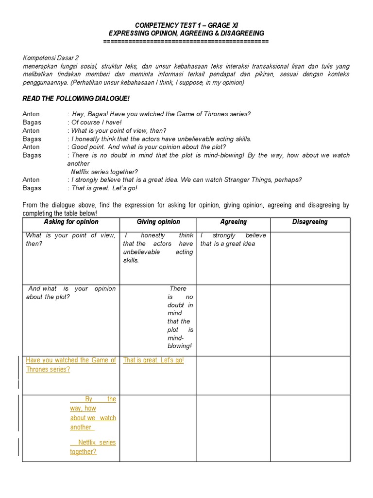 Opinion Expression Exercises for XI Grade | PDF