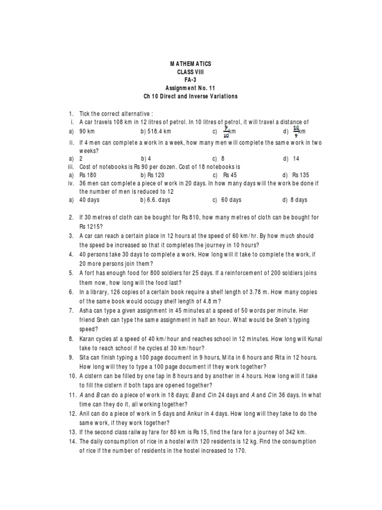 Class 8 Maths: Variations Worksheet | PDF | Speed