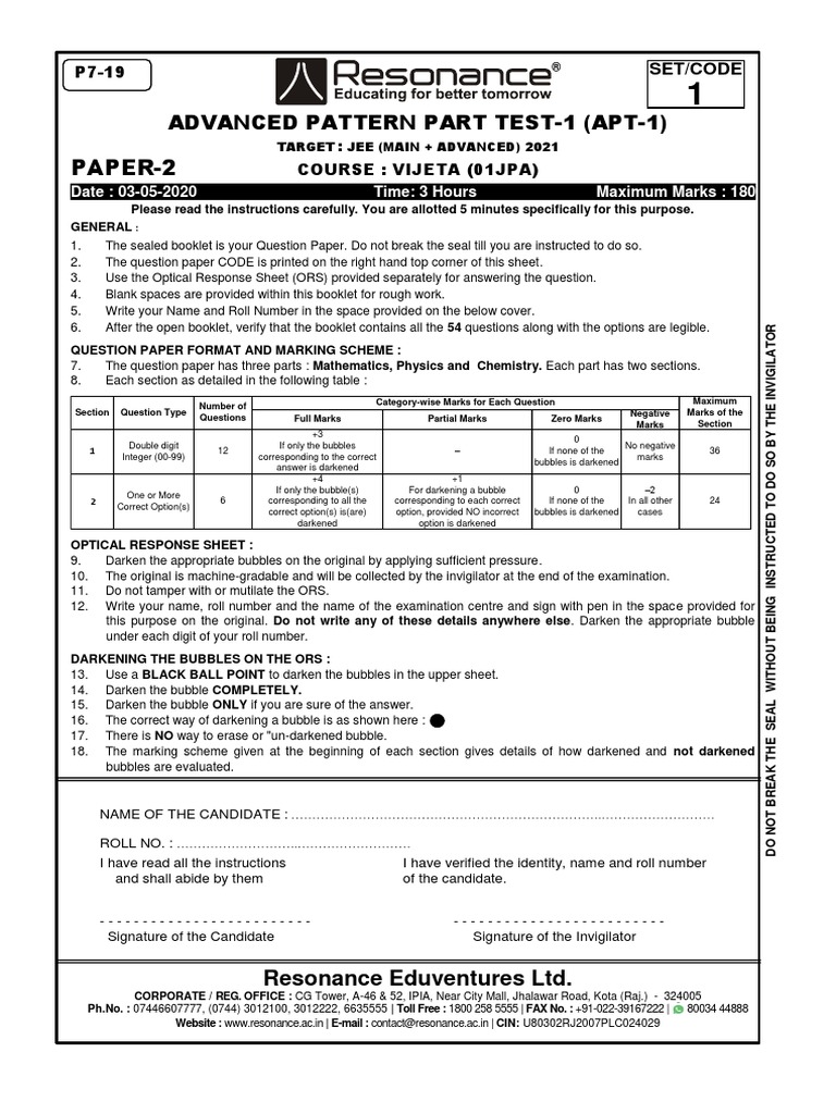 Paper-2: Advanced Pattern Part Test-1 (Apt-1) | PDF | Waves | Physics