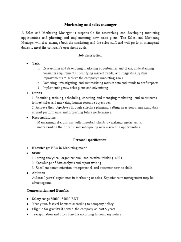Marketing and Sales Manager: Job Description | PDF | Sales | Marketing