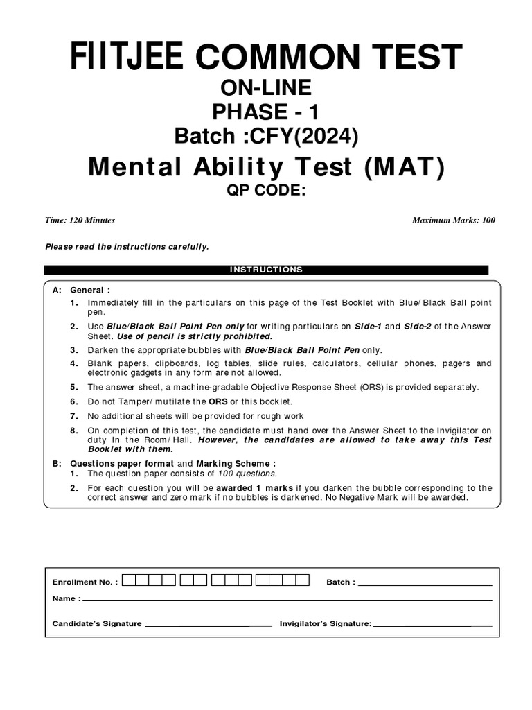Fiitjee NTSE Mock Test MAT | PDF | Speed