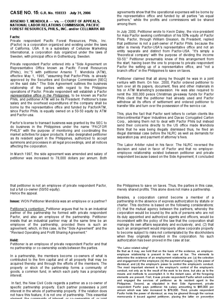 Case No. 15 | PDF | Partnership | Employment