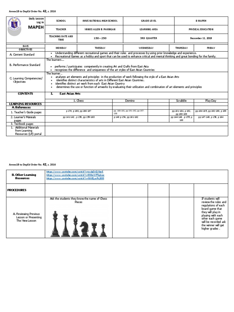 MAPEH Lesson Plan: East Asian Games | PDF | Chess | Behavior Modification