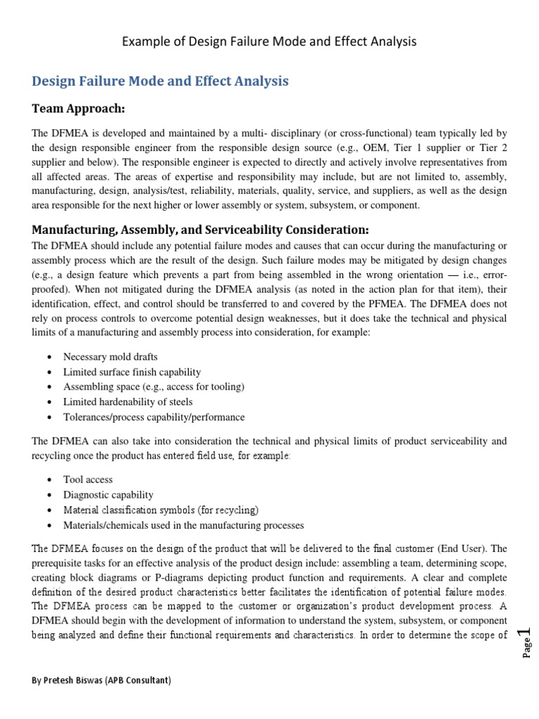 Example of Design Failure Mode and Effect Analysis PDF | PDF
