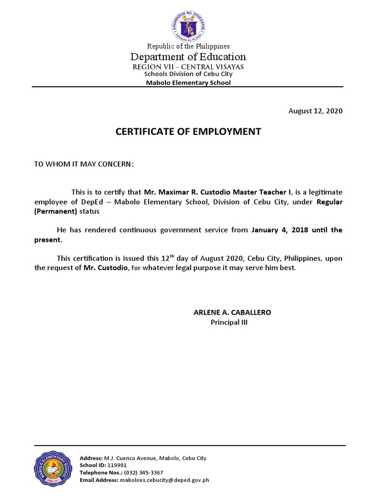 COE School Issued Without Compensation Certification Custodio Maximar