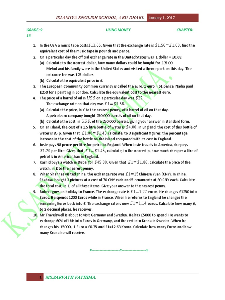 Calculating Foreign Exchange Rates A Worksheet on Converting