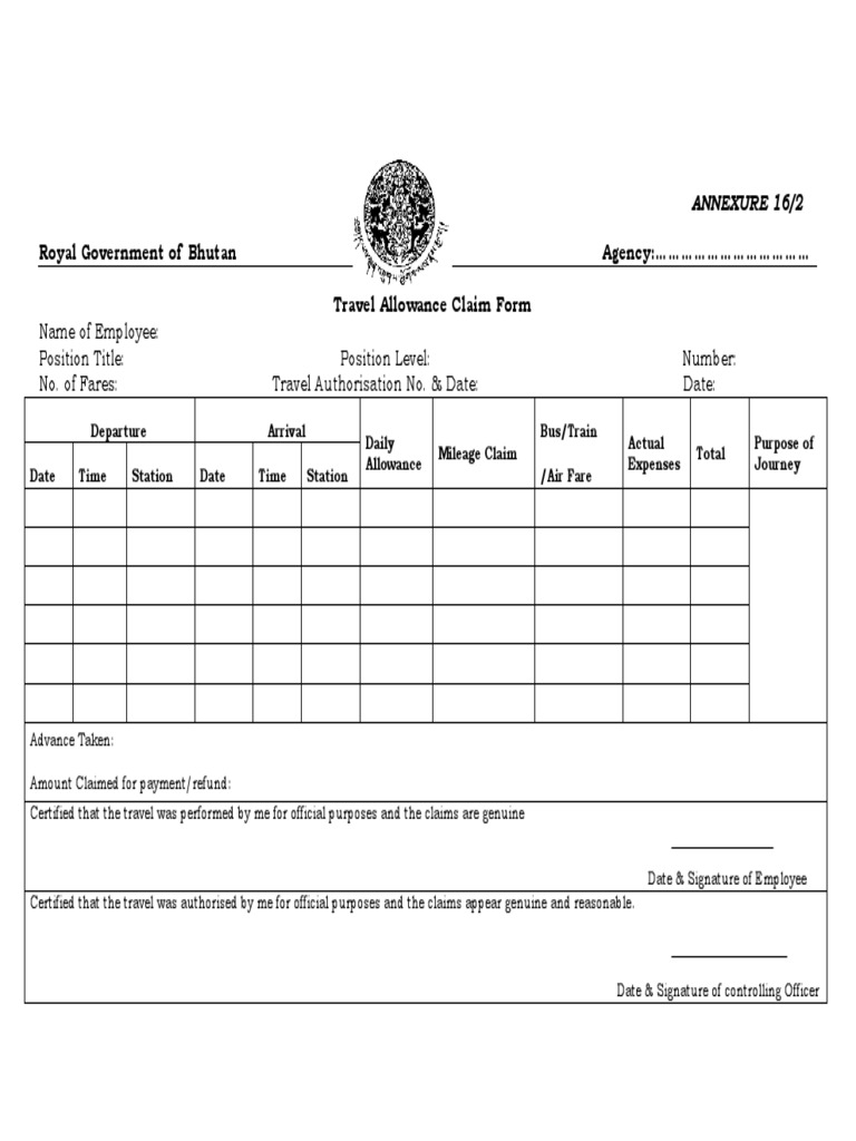 Travel Allowance Claim Form Bhutan | PDF
