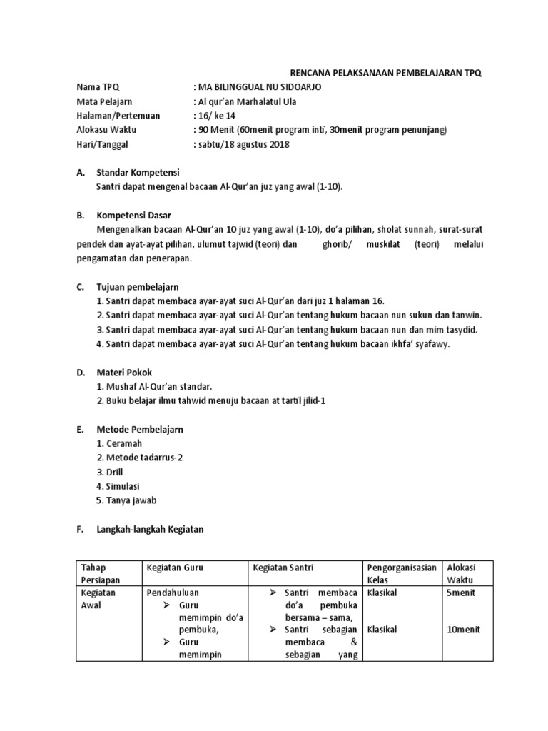 RPP Pembelajaran Al-Qur'an TPQ | PDF