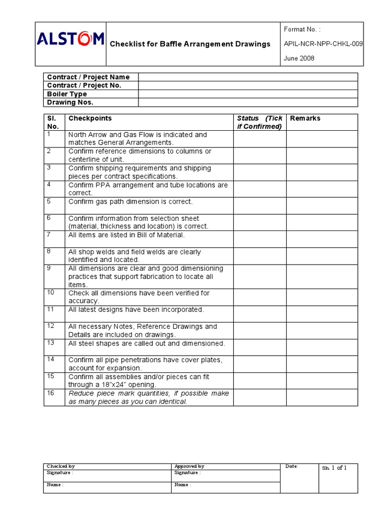 Checklist Baffle Arrangement Non Pressure Parts Drgs. PDF
