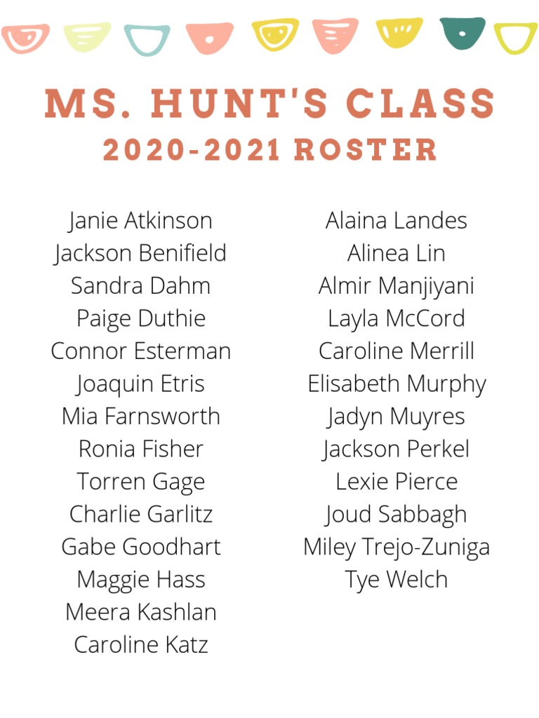 Ms. Hunt's 2020-21 Class Roster | PDF