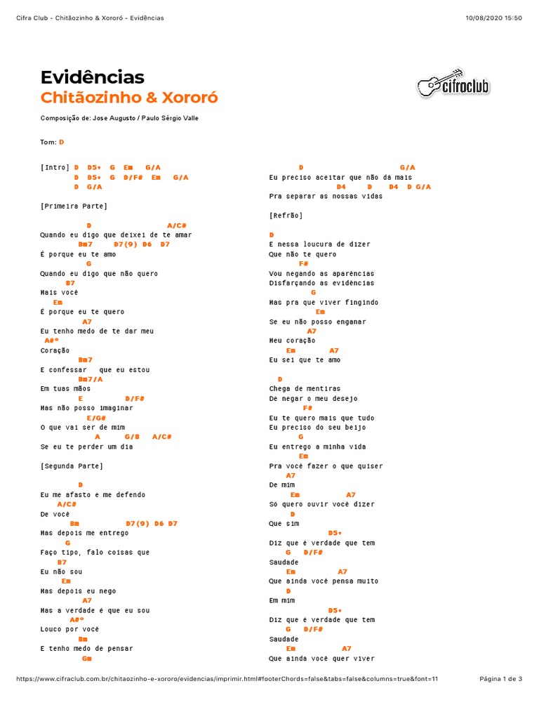 Cifra Club - Chitãozinho & Xororó - Evidências | PDF