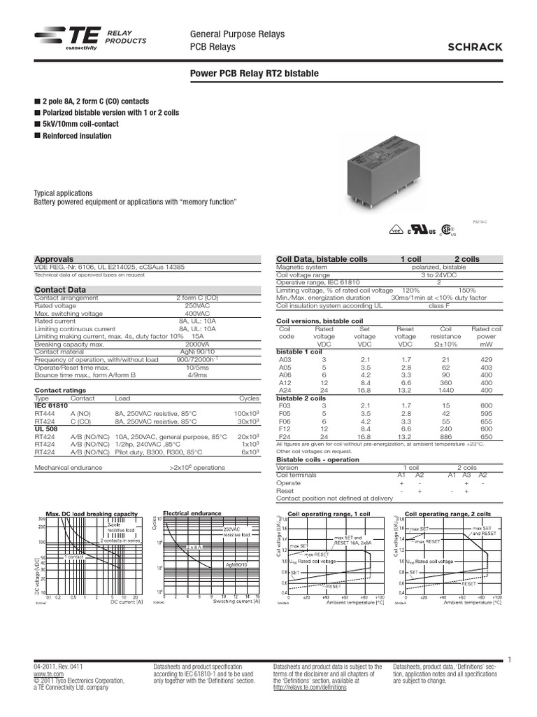 Schrack Power PCB Relay RT2 Bistable General Purpose Relays PCB Relays PDF Relay