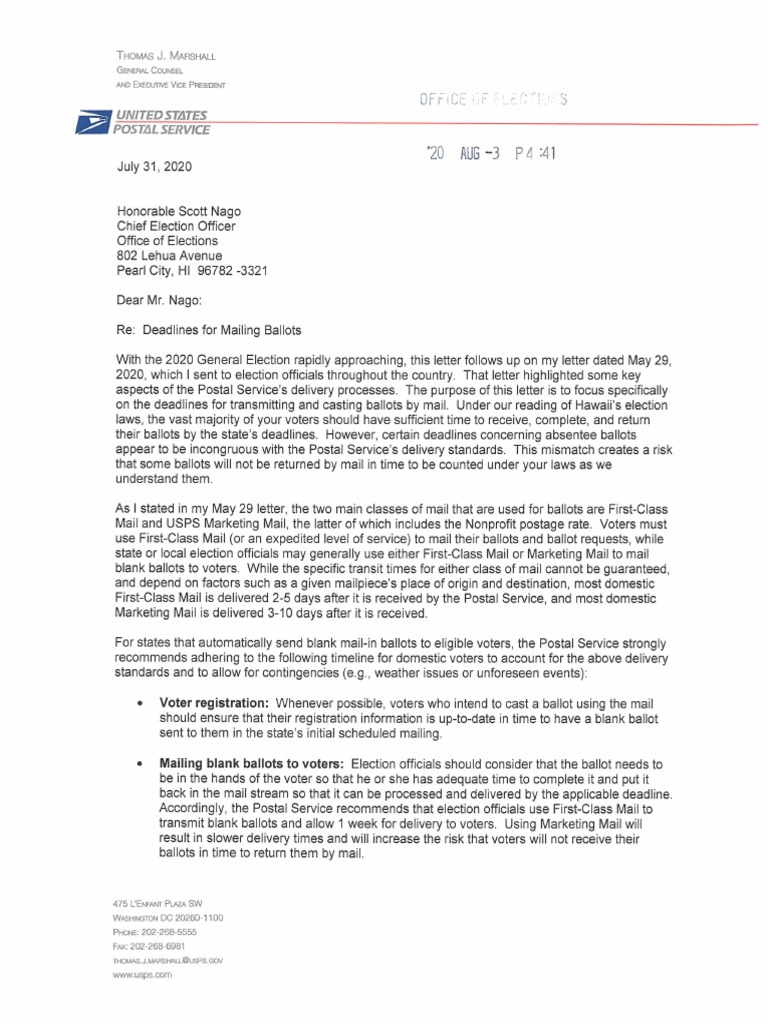 Letter from USPS to Hawaii chief election officer