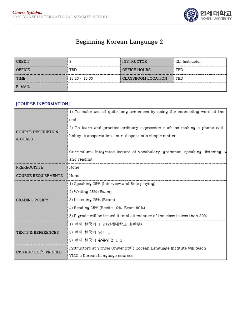 Beginning Korean Language 2 Syllabus | PDF | Korean Language | Test ...