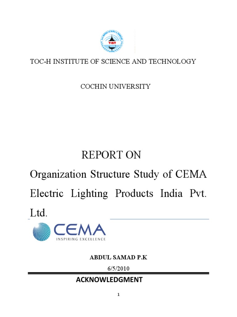 Report On Organization Structure Study of CEMA Electric Lighting Products India Pvt. LTD