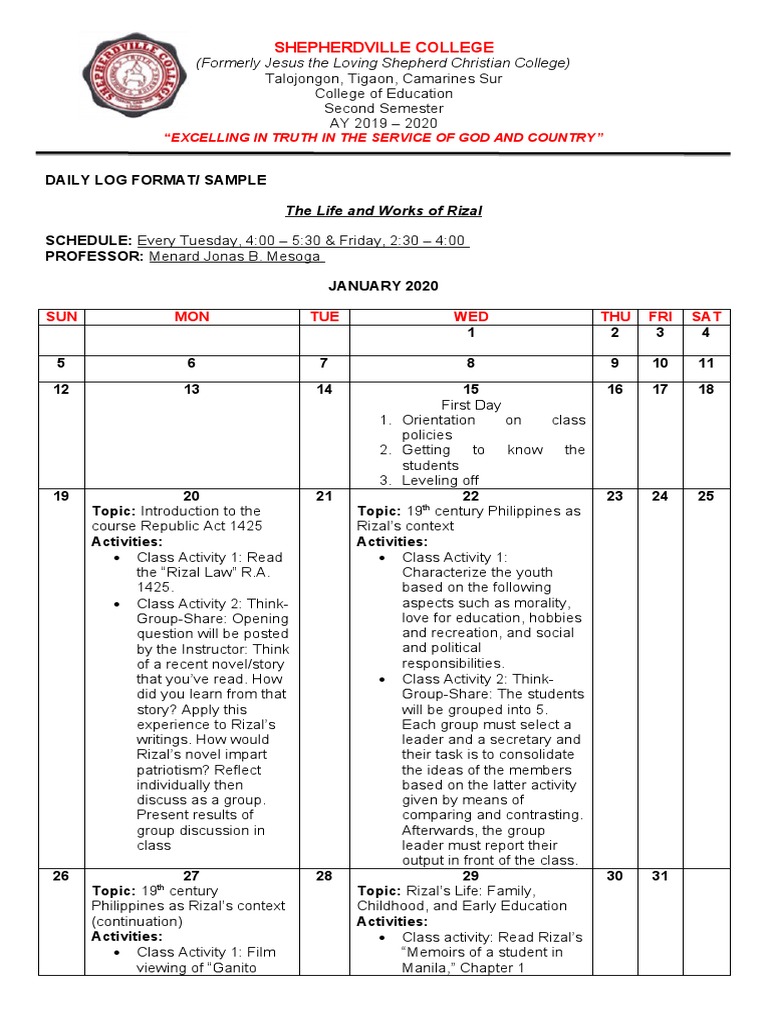 Daily Log for Rizal Course AY 2019-2020 | PDF | Behavior Modification ...