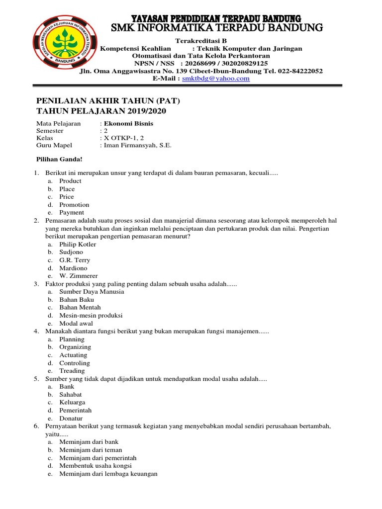 Soal Pat Ekonomi Bisnis Kls X Otkp Semester 2