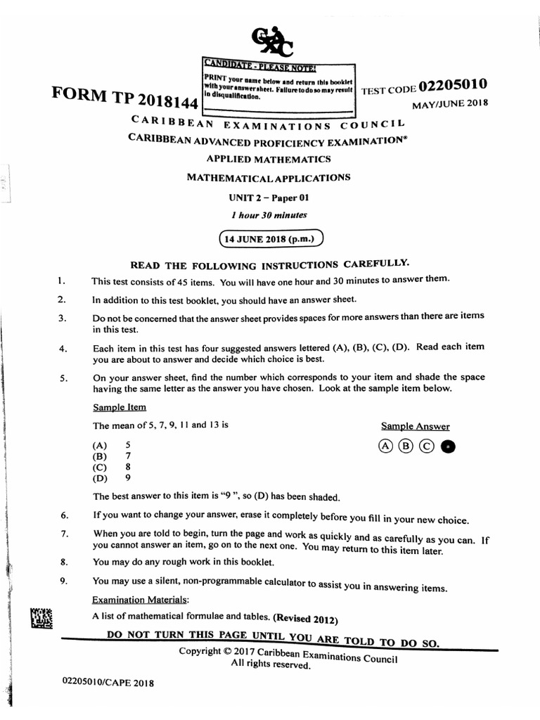 CAPE Applied Mathematics 2018 U2 P1 | PDF