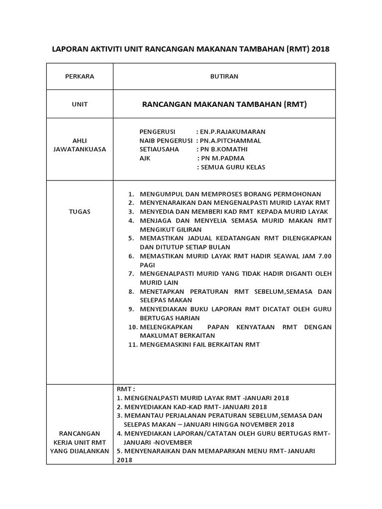 Laporan Aktiviti RMT 2018: Pemantauan dan Penambahbaikan | PDF