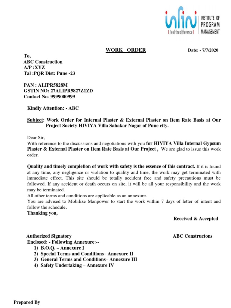 Work Order For Plaster Villa | PDF | Independent Contractor | Safety