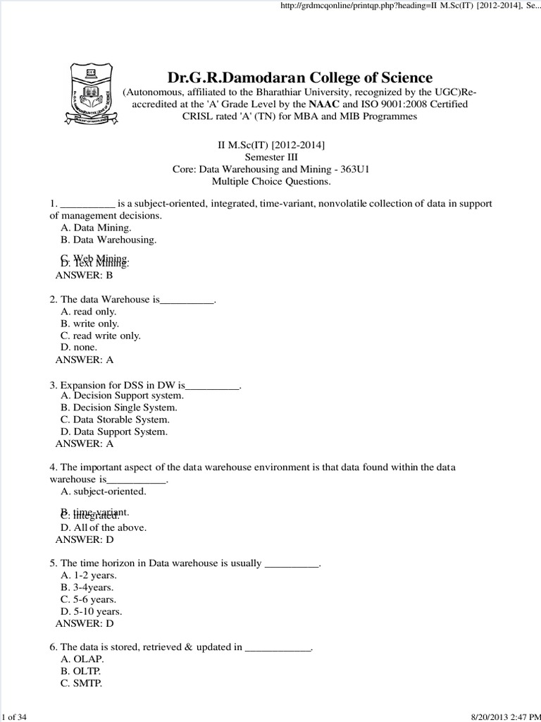 Data Mining MCQs for M.Sc IT Students | PDF | Data Warehouse | Metadata