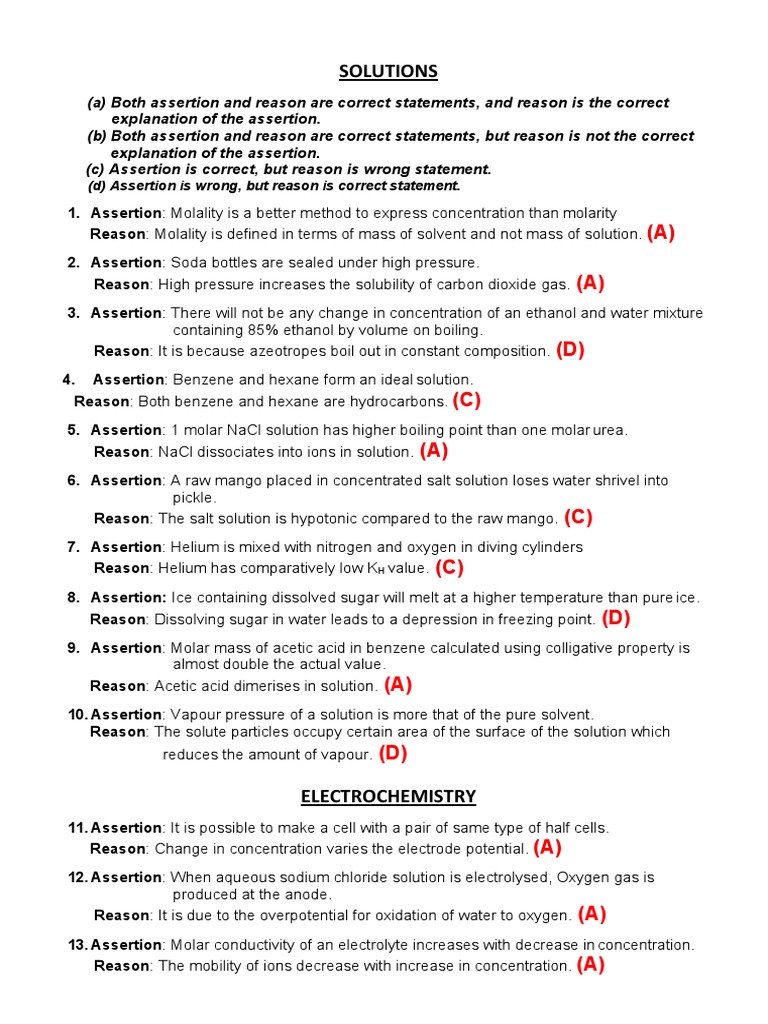 Assertion Reasoning Questions All Chapters - Answers | PDF | Reaction ...