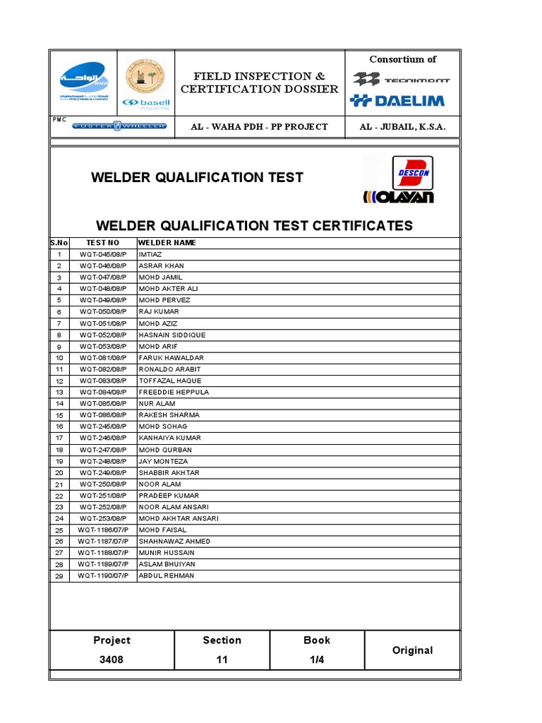 Welder Qualification Test Field Inspection & Certification Dossier