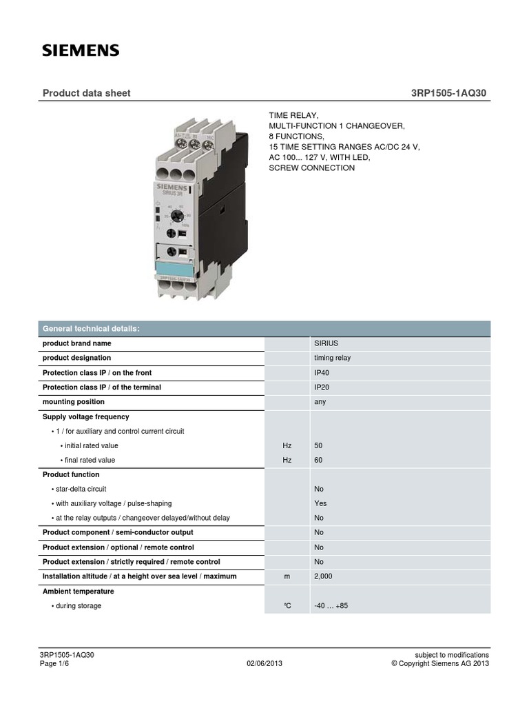 Product Data Sheet 3RP1505-1AQ30 | PDF | Alternating Current | Relay