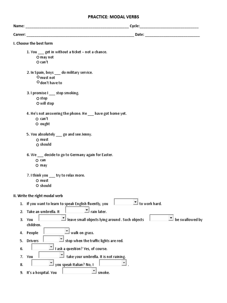 PRACTICE Modal Verbs | PDF | Language Arts & Discipline | Foreign ...