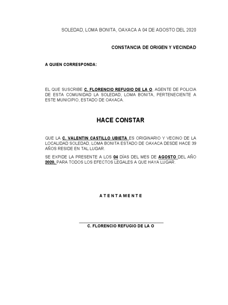 Constancia De Origen Y Vecindad Docx Document vrogue.co