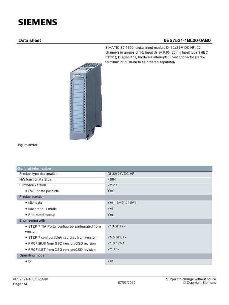 Data Sheet 6es7521 1bl00 0ab0 General Information Pdf